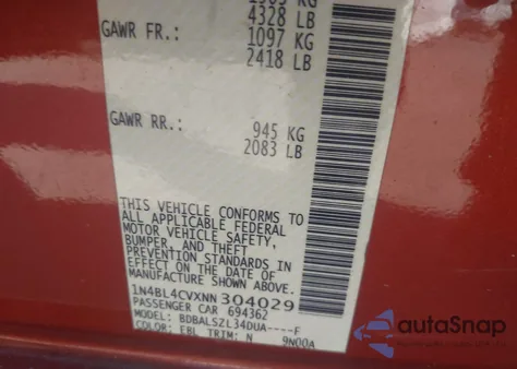 2022 Nissan Altima Sr Fwd z USA, uszkodzony, nr VIN 1N4BL4CVXNN304029